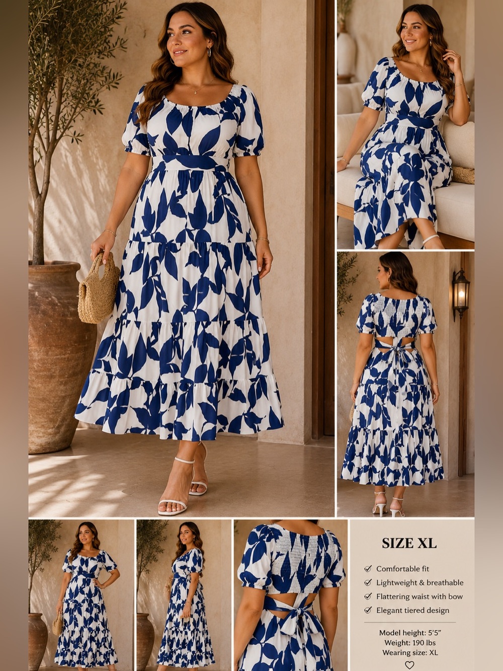 White and Blue Leaf-Print Off-Shoulder Maxi Dress